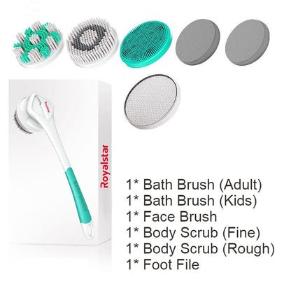 Avelena | All-in-One wiederaufladbares Körperbürsten-Set, mit 7 austauschbaren Köpfen & langem Griff für Körper, Gesicht, Fuß, Erwachsene & Kinder