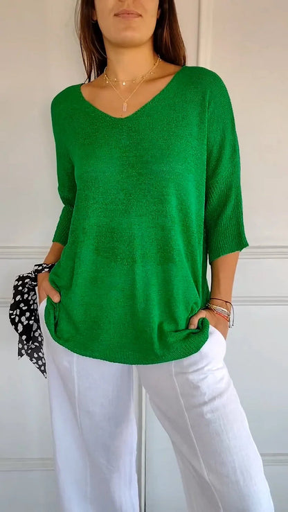 Avelena | Bequemer Gestrickter V-Ausschnitt-Top