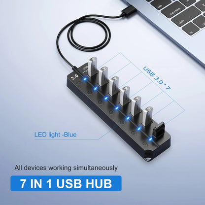 Avelena | 7-Port USB 3.0 Hub mit Netzschalter – PortMaster (1+1 KOSTENLOS)