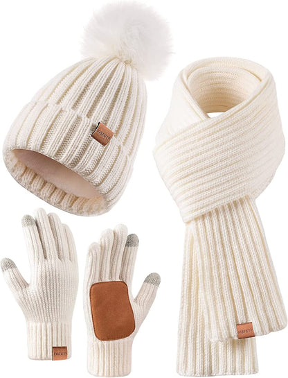 Avelena | Damen Mütze mit Pom Pom Lange Schal Nackenwärmer Touchscreen-Handschuhe 3 In 1 Set