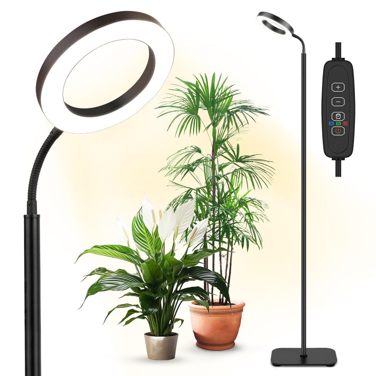 Avelena | Wachstumslampe für Pflanzen Drinnen Vollspektrum, Pflanzenwachstumslampe, 20W Led Stehlampe mit Höhenverstellbarem Ständer, Timer-Schalter 3/9/12H, 10 Dimmbare Lichtstärken für Kleine Große Pflanzen, Rund
