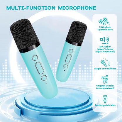 Avelena | Tragbare Mini Karaoke Maschine mit Bluetooth Lautsprecher & 2 Wireless Mikros – Veylo