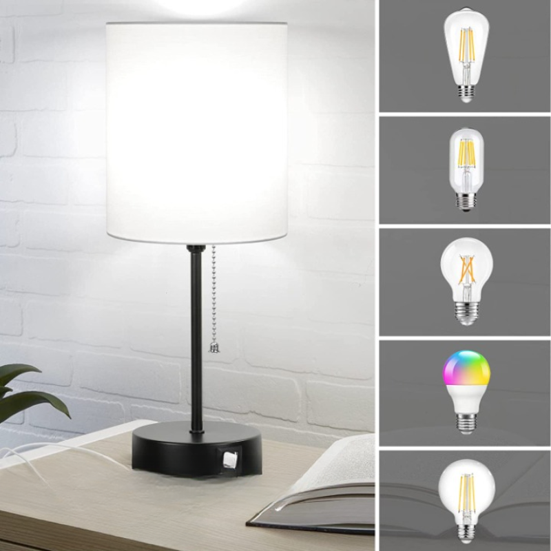 Avelena | Tischlampen Set von 2 mit USB-Ladeanschlüssen, graue Nachttischlampen mit AC-Steckdose, Nachttischlampen mit Zugschalter, minimalistische moderne Schreibtischlampen mit Stoffschirm für Wohnzimmer Schlafzimmer Büro