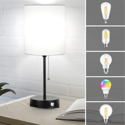 Avelena | Tischlampen Set von 2 mit USB-Ladeanschlüssen, graue Nachttischlampen mit AC-Steckdose, Nachttischlampen mit Zugschalter, minimalistische moderne Schreibtischlampen mit Stoffschirm für Wohnzimmer Schlafzimmer Büro