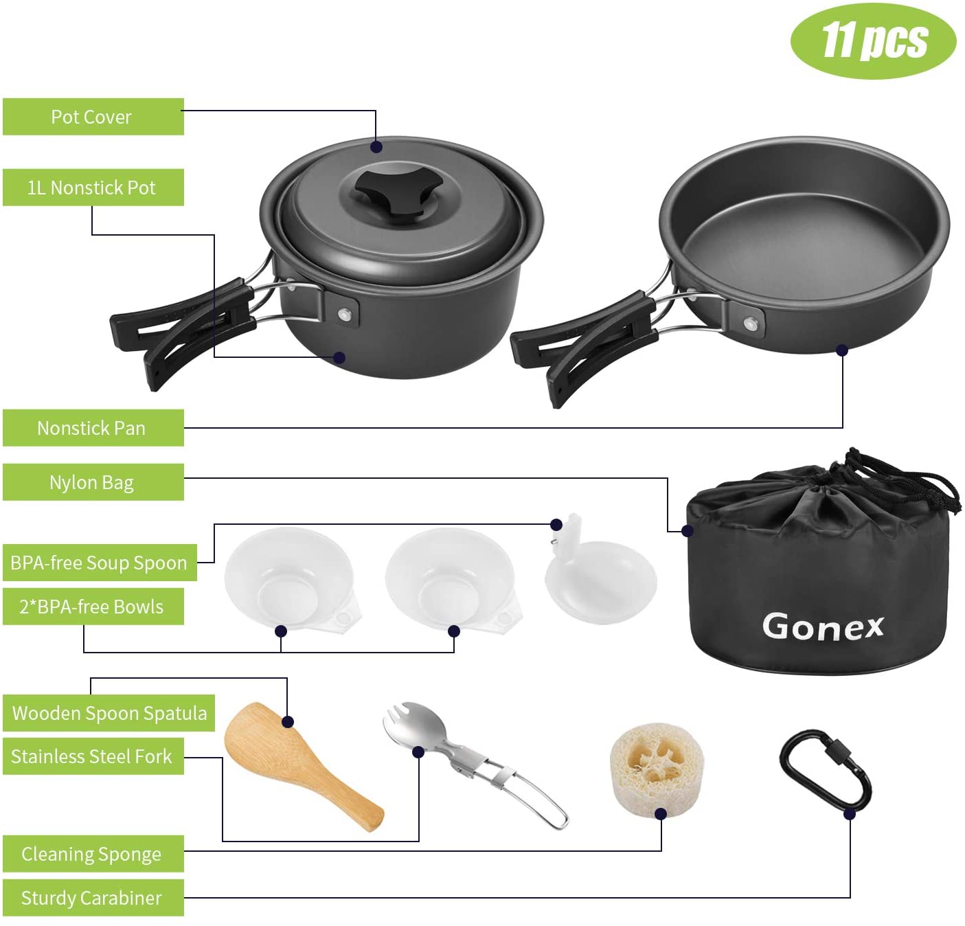 Avelena | Gonex 11Teilig/13Teilig/16Teilig/21Teilig Camping Küchenutensilien Set Mess Kit, Rucksackausstattung Kochutensilien, Stapelbare Tragbare Antihaft Topf Pfanne Kochen Für Outdoor Wandern