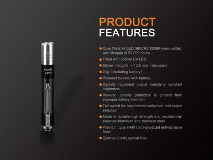 Avelena | Edisonbright Fenix Ld02 V2.0 Led Taschenlampenpaket 70 Lumen Neutral Weiß/Uv, Aluminiumkonstruktion