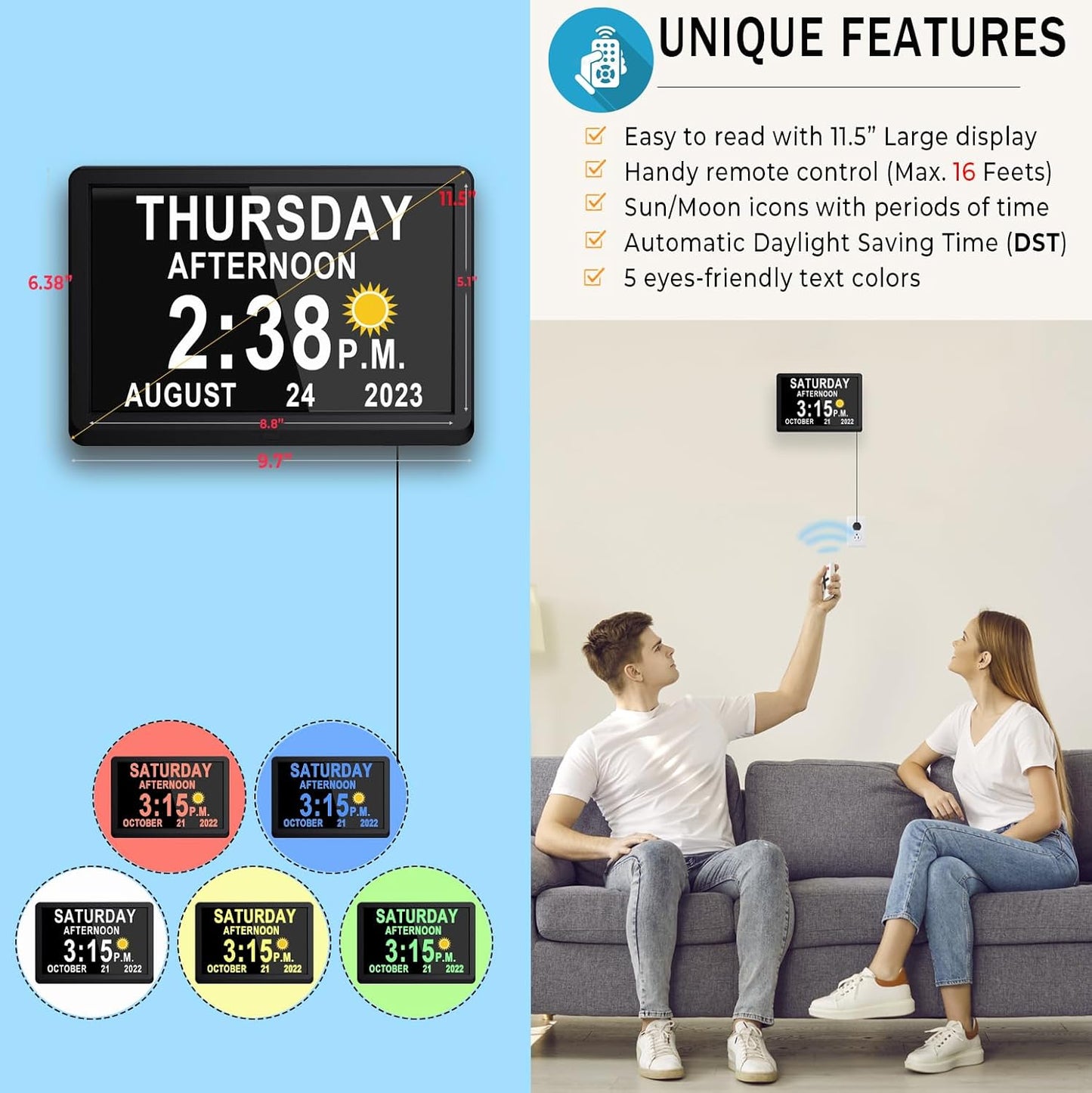 Avelena | 11,5-Zoll Digitaler Kalender Tagesuhr mit 19 Erinnerungen – Claryon