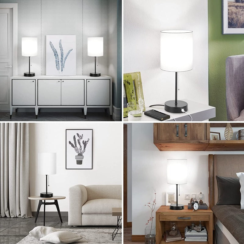 Avelena | Tischlampen Set von 2 mit USB-Ladeanschlüssen, graue Nachttischlampen mit AC-Steckdose, Nachttischlampen mit Zugschalter, minimalistische moderne Schreibtischlampen mit Stoffschirm für Wohnzimmer Schlafzimmer Büro