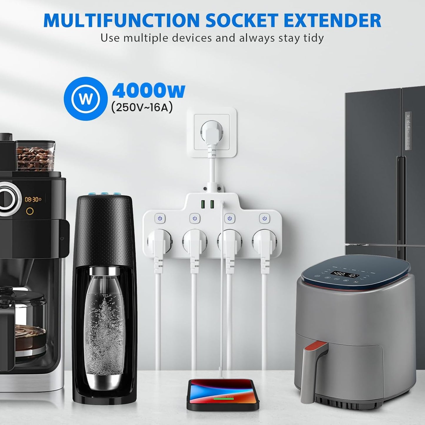 Avelena | Drehbare wandmontierte Steckdosenleiste mit unabhängigen Schaltern – 3 Steckdosen + 2 USB-A + 1 USB-C-Anschlüsse