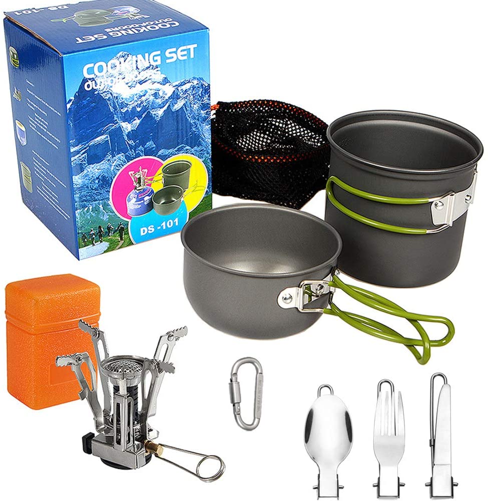 Avelena | Dzrzvd Camping Kochgeschirr Mess Kit Ausrüstung, Rucksack Zubehör Ausrüstung Töpfe Und Pfannen Set Mit Netzaufbewahrungstasche Für Reisen, Picknick