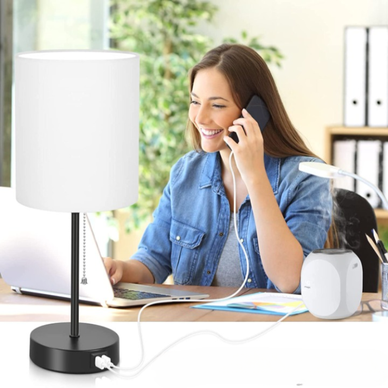 Avelena | Tischlampen Set von 2 mit USB-Ladeanschlüssen, graue Nachttischlampen mit AC-Steckdose, Nachttischlampen mit Zugschalter, minimalistische moderne Schreibtischlampen mit Stoffschirm für Wohnzimmer Schlafzimmer Büro