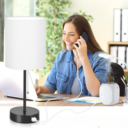 Avelena | Tischlampen Set von 2 mit USB-Ladeanschlüssen, graue Nachttischlampen mit AC-Steckdose, Nachttischlampen mit Zugschalter, minimalistische moderne Schreibtischlampen mit Stoffschirm für Wohnzimmer Schlafzimmer Büro