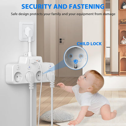 Avelena | Drehbare wandmontierte Steckdosenleiste mit unabhängigen Schaltern – 3 Steckdosen + 2 USB-A + 1 USB-C-Anschlüsse