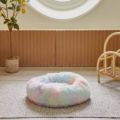 Avelena | Runder Regenbogen Extra Plüsch Beruhigender Donut Hundebetten