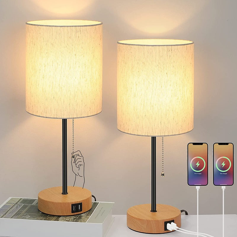 Avelena | Tischlampen Set von 2 mit USB-Ladeanschlüssen, graue Nachttischlampen mit AC-Steckdose, Nachttischlampen mit Zugschalter, minimalistische moderne Schreibtischlampen mit Stoffschirm für Wohnzimmer Schlafzimmer Büro