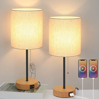 Avelena | Tischlampen Set von 2 mit USB-Ladeanschlüssen, graue Nachttischlampen mit AC-Steckdose, Nachttischlampen mit Zugschalter, minimalistische moderne Schreibtischlampen mit Stoffschirm für Wohnzimmer Schlafzimmer Büro