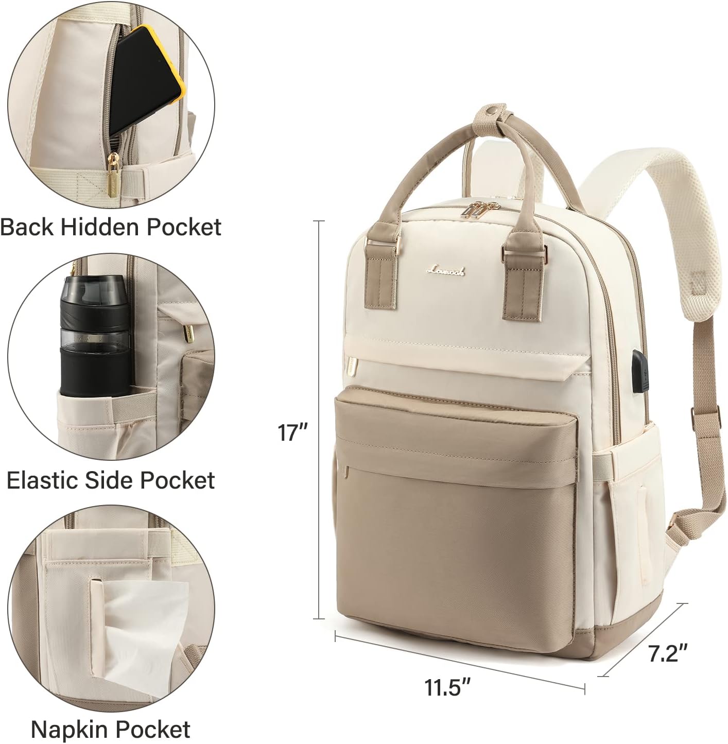 Avelena | Damen wasserdichter Laptop-Rucksack mit USB-Ladeanschluss – Stilvolle 17-Zoll Arbeits-, Schul- & Reisetasche