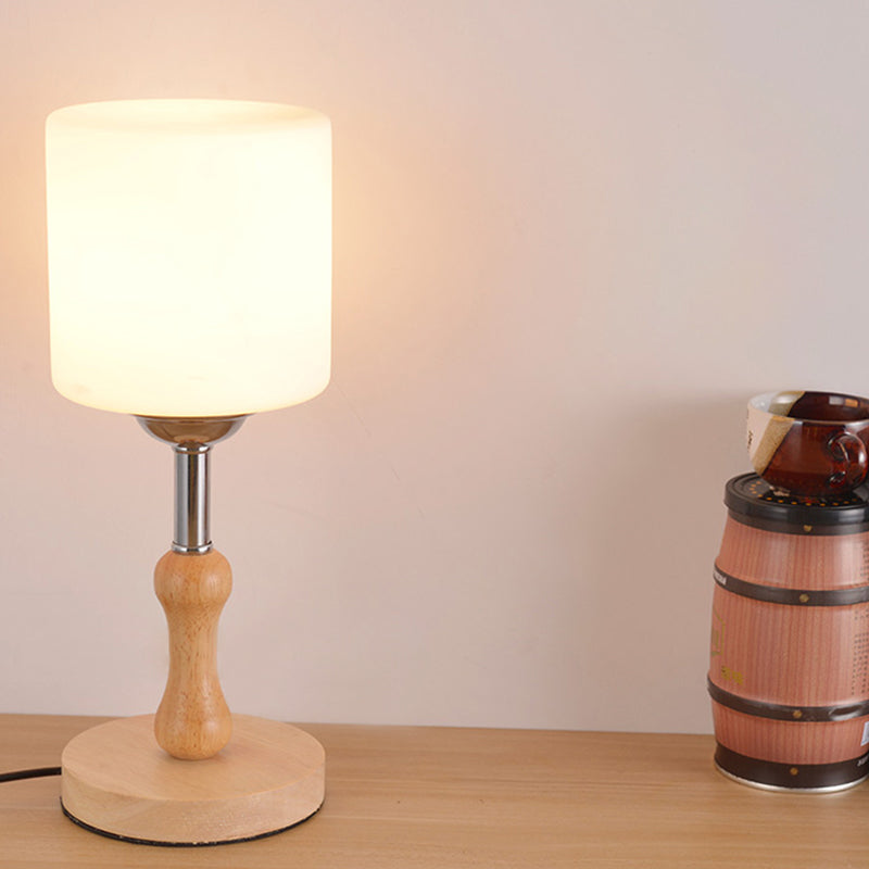 Avelena | Globe/Zylinder/Quadrat Nachttischlampe Modernist Frosted Glass 1 Licht Holz Nachttischlampe für Bettrande