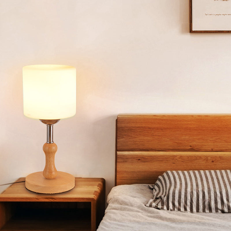 Avelena | Globe/Zylinder/Quadrat Nachttischlampe Modernist Frosted Glass 1 Licht Holz Nachttischlampe für Bettrande