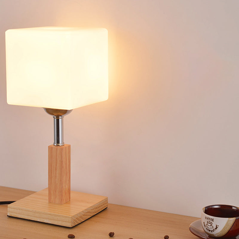 Avelena | Globe/Zylinder/Quadrat Nachttischlampe Modernist Frosted Glass 1 Licht Holz Nachttischlampe für Bettrande