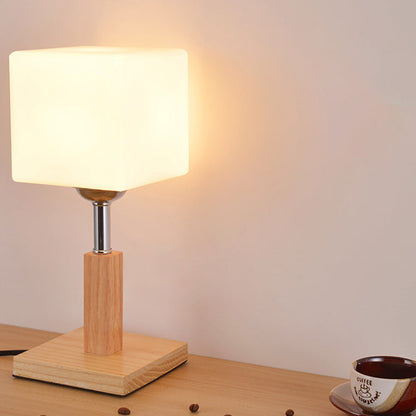Avelena | Globe/Zylinder/Quadrat Nachttischlampe Modernist Frosted Glass 1 Licht Holz Nachttischlampe für Bettrande