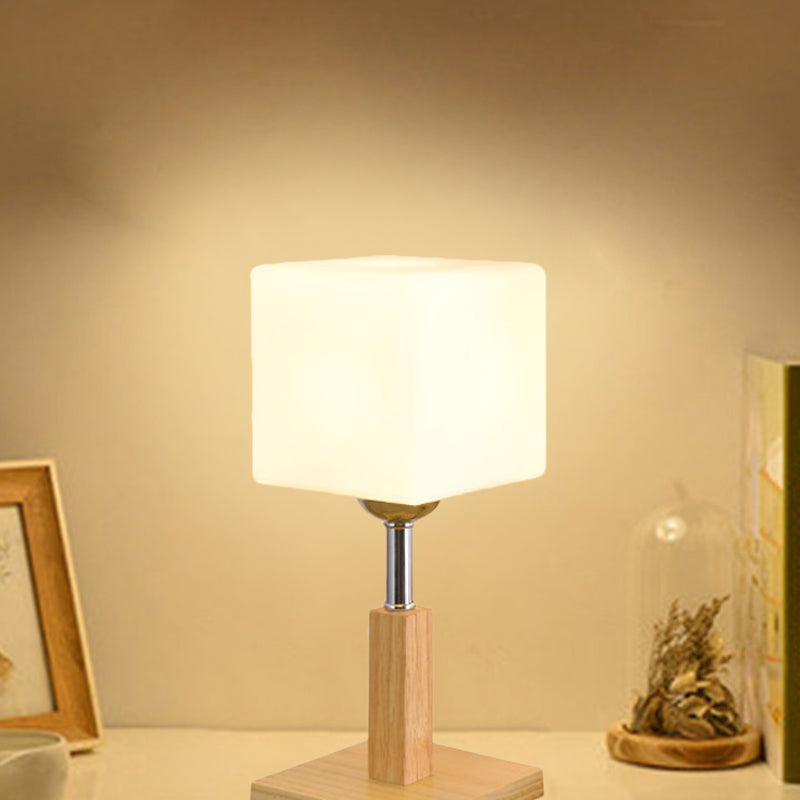 Avelena | Globe/Zylinder/Quadrat Nachttischlampe Modernist Frosted Glass 1 Licht Holz Nachttischlampe für Bettrande