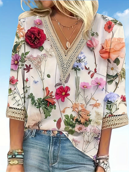 Avelena | Damen-T-Shirt mit Paisleymuster, Kontrastierender Spitze, V-Ausschnitt und Halben Ärmeln