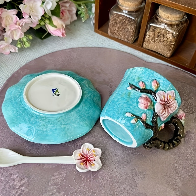 Avelena | ArtSip Keramikbecher & Untertassen-Set – Handgemaltes 3D-Design inspiriert von Van Gogh