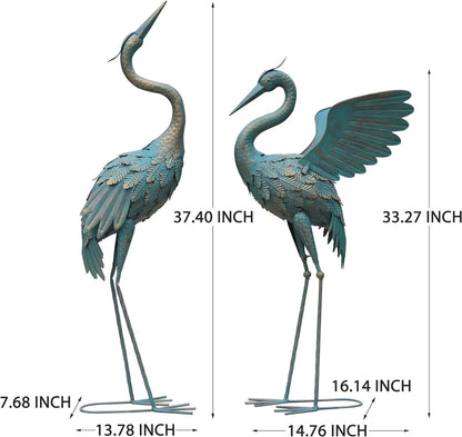 Avelena | 33-37 Zoll Metallkran Gartenstatue Dekor, Vogelgarten Skulptur & Statuen, Außendekoration für Garten Terrasse Rasen Hinterhof Pool, Vintage Ausbreitende Flügel Kran, Set von 2