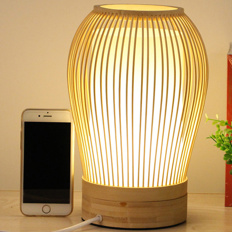 Avelena | Japanisch 1 Glühbirne Aufgabebeleuchtung Weiß Tropfen Kleine Schreibtischlampe mit Bambusschirm für Nachttisch