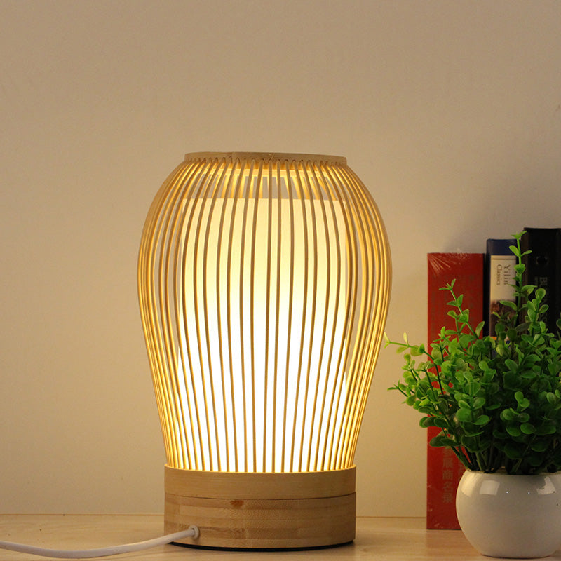 Avelena | Japanisch 1 Glühbirne Aufgabebeleuchtung Weiß Tropfen Kleine Schreibtischlampe mit Bambusschirm für Nachttisch