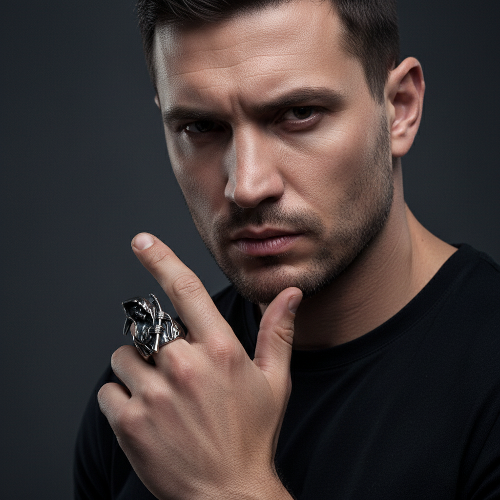 Avelena | Grim Reaper Skull Ring für Männer, Edelstahl Punk Biker Schmuck