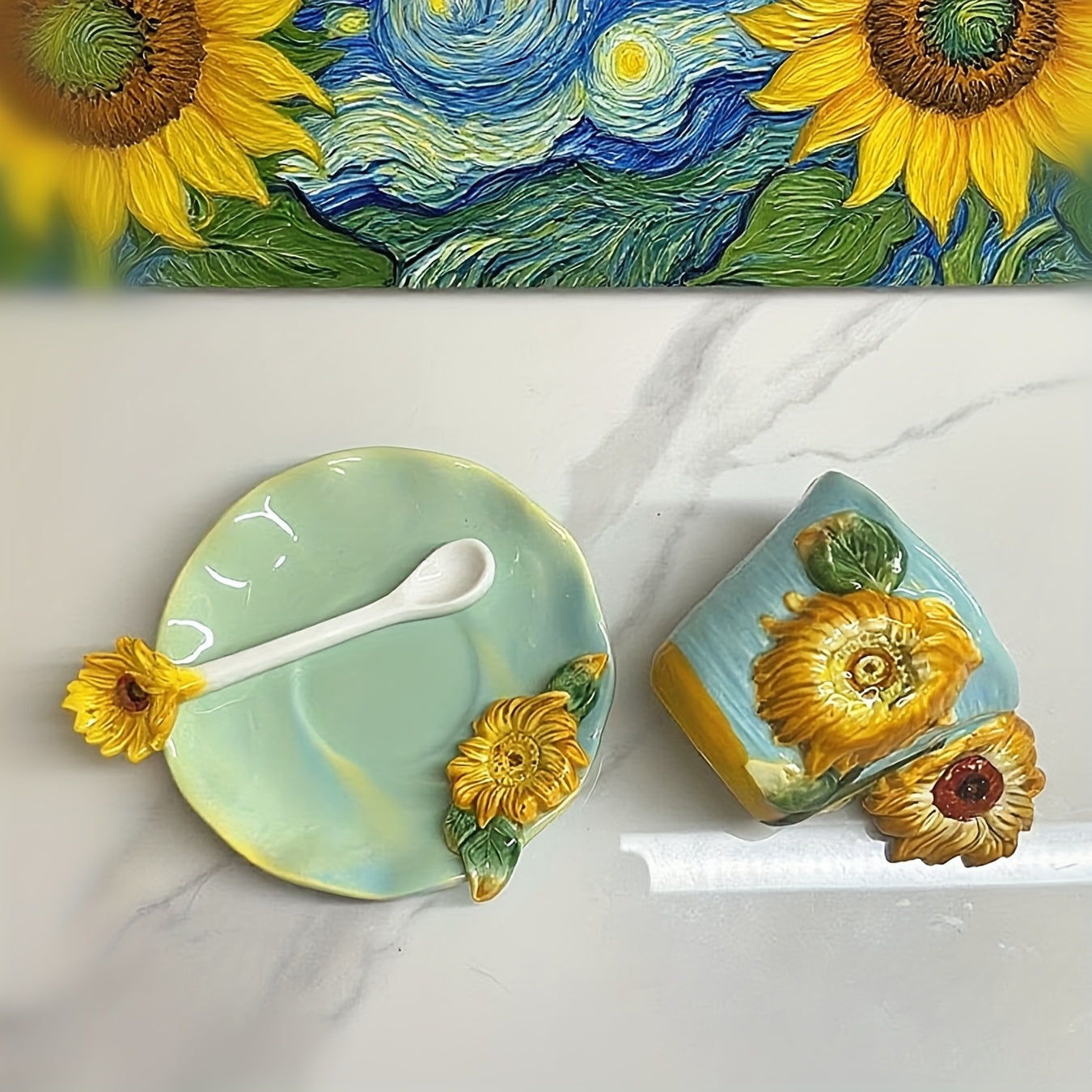 Avelena | ArtSip Keramikbecher & Untertassen-Set – Handgemaltes 3D-Design inspiriert von Van Gogh