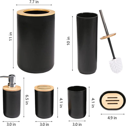 Avelena | 6-teiliges Badset - Seifenschale Zahnbürstenhalter Mundspülbecher Lotionflasche Mülleimer WC-Bürste - Praktisches WC-Set für Zuhause Wäschempfang, Schwarz