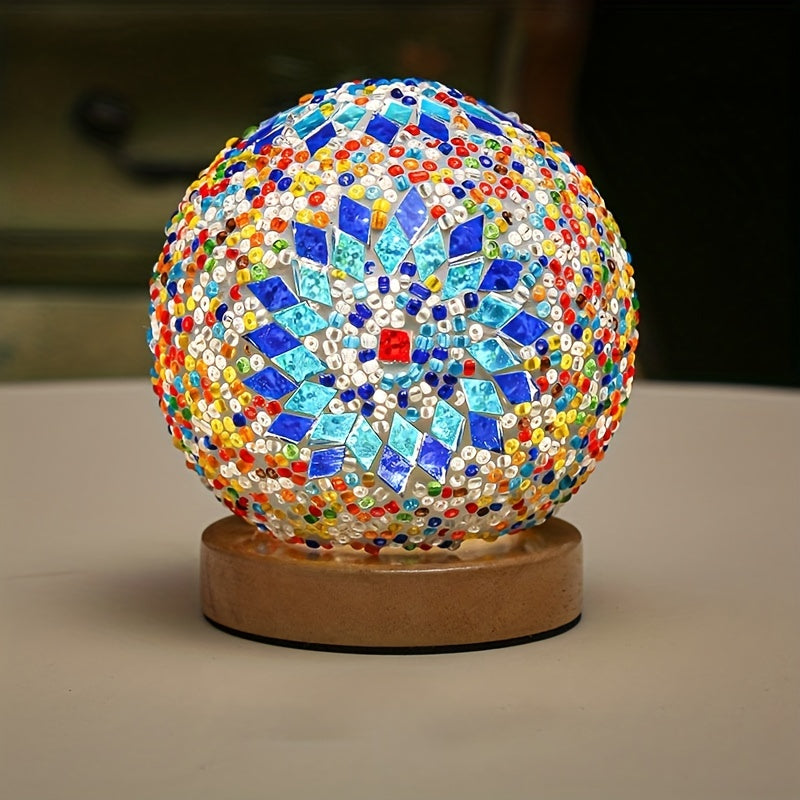 Avelena | Mosaikglasballen-Tischlampe mit Holzfuß - Türkisch marokkanisch inspiriert