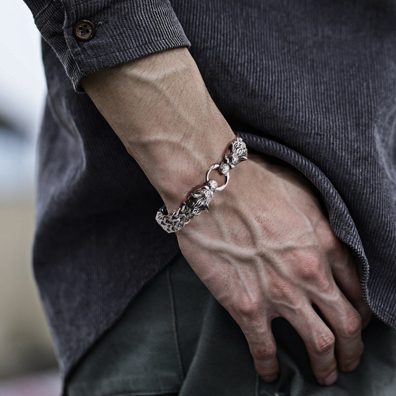 Avelena | Viking Edelstahl Doppel Wolf Kopf Fenrir Armband