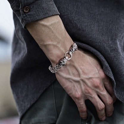 Avelena | Viking Edelstahl Doppel Wolf Kopf Fenrir Armband