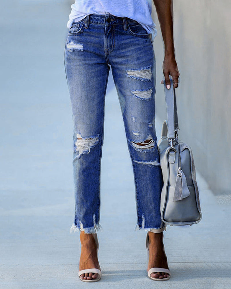 Avelena | Komfort Stretch Damen Slim-Fit Ripped Jeans Mit Fransenrändern