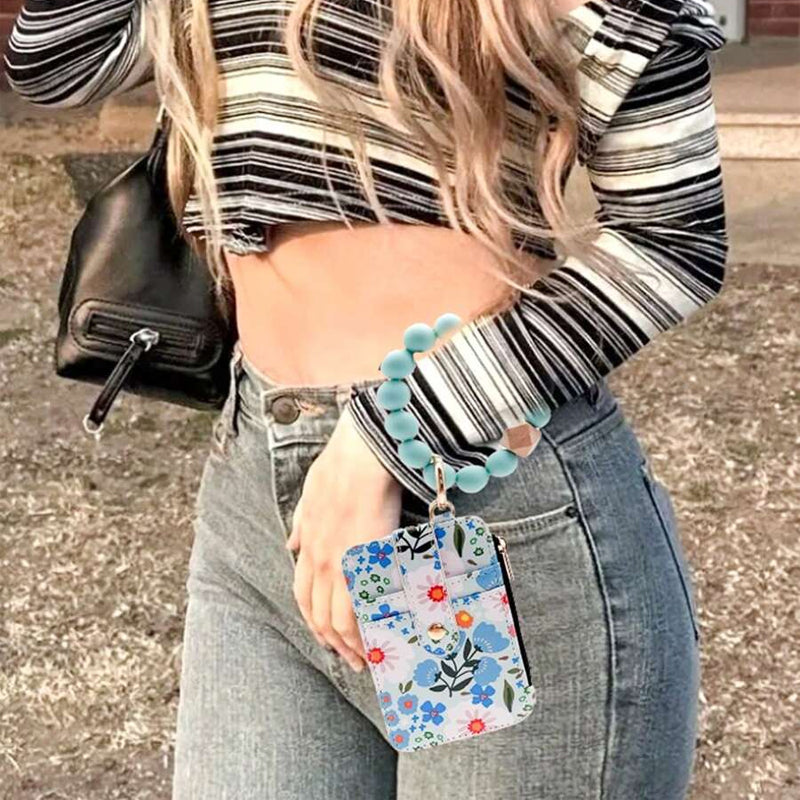 Avelena | Blumenleder kleine Geldbörse mit Schlüsselanhänger und Armband