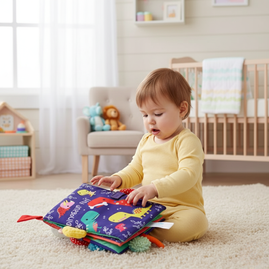 Avelena | Weiches Baby-Stoffbuch mit Tier-Schwänzen und Geräuschpapier für frühzeitiges Lernen und Spielen