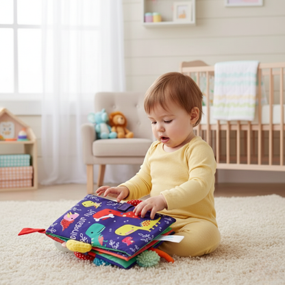 Avelena | Weiches Baby-Stoffbuch mit Tier-Schwänzen und Geräuschpapier für frühzeitiges Lernen und Spielen