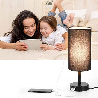Avelena | Lampe mit USB-Anschluss Touch-Control Tischlampe für Schlafzimmer Holz 3-stufig dimmbare Nachttischlampe mit runder Leinenstoff-Schirm für Wohnzimmer, Studentenwohnheim, Home Office