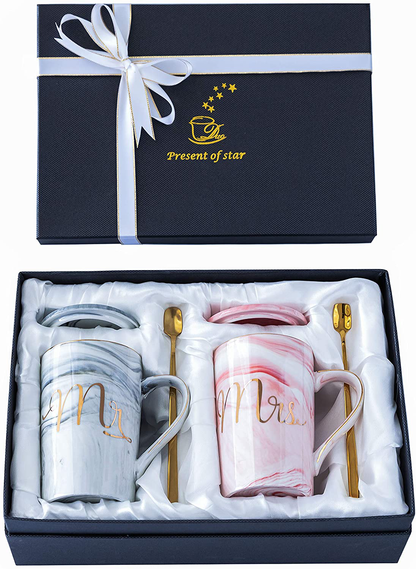 Avelena | Jumway Mr und Mrs Kaffeetassen - Hochzeitsgeschenke für Braut und Bräutigam - Geschenke für Brautparty Verlobung Hochzeit und Geschenke für Paar Jubiläum - Keramik-Marmortassen 14 Oz Pink