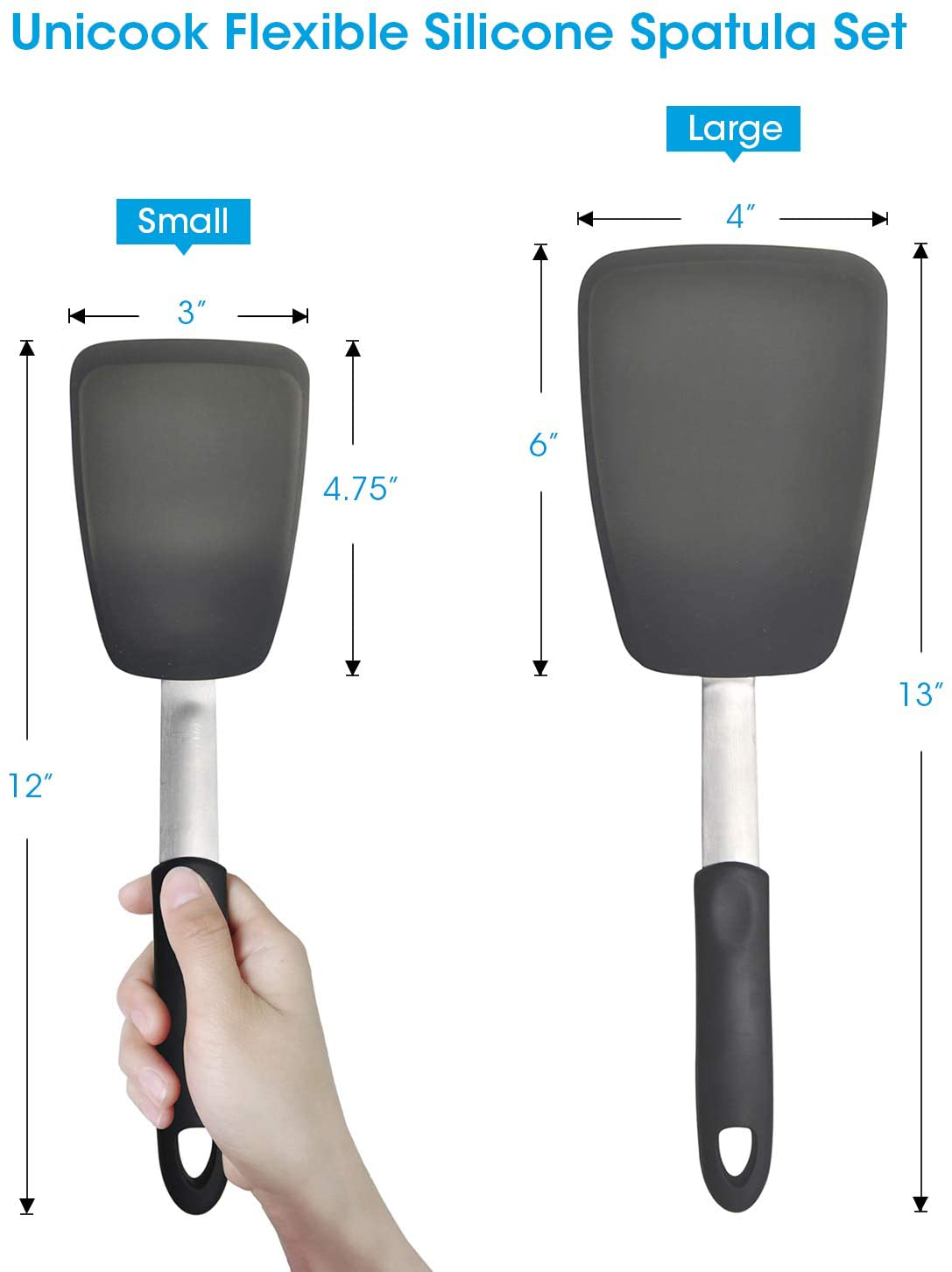 Avelena | Unicook 2er-Pack Flexible Silikonspachtel, Wender, 600F Hitzebeständig, Ideal zum Wenden von Eiern, Burgern, Crêpes und mehr, Schwarz