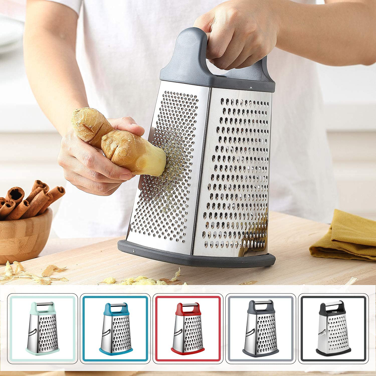 Avelena | Frühlingskoch Profi Boxreibe, Edelstahl mit 4 Seiten, am besten für Parmesan, Gemüse, Ingwer, XL Größe, Mango