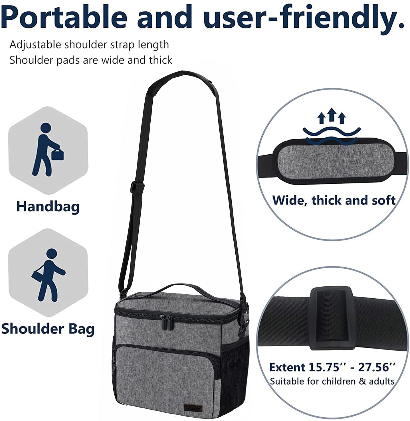 Avelena | Auslaufsicherer Lunchbag Für Männer Frauen Lunchkühler Tasche Isolierte Lunchbox Organizer Große Lunchbeutel Mit Verstellbarem Schulterriemen Erwachsene Wiederverwendbare Lunchbag Arbeit Picknick (Grau), Von Gloppie