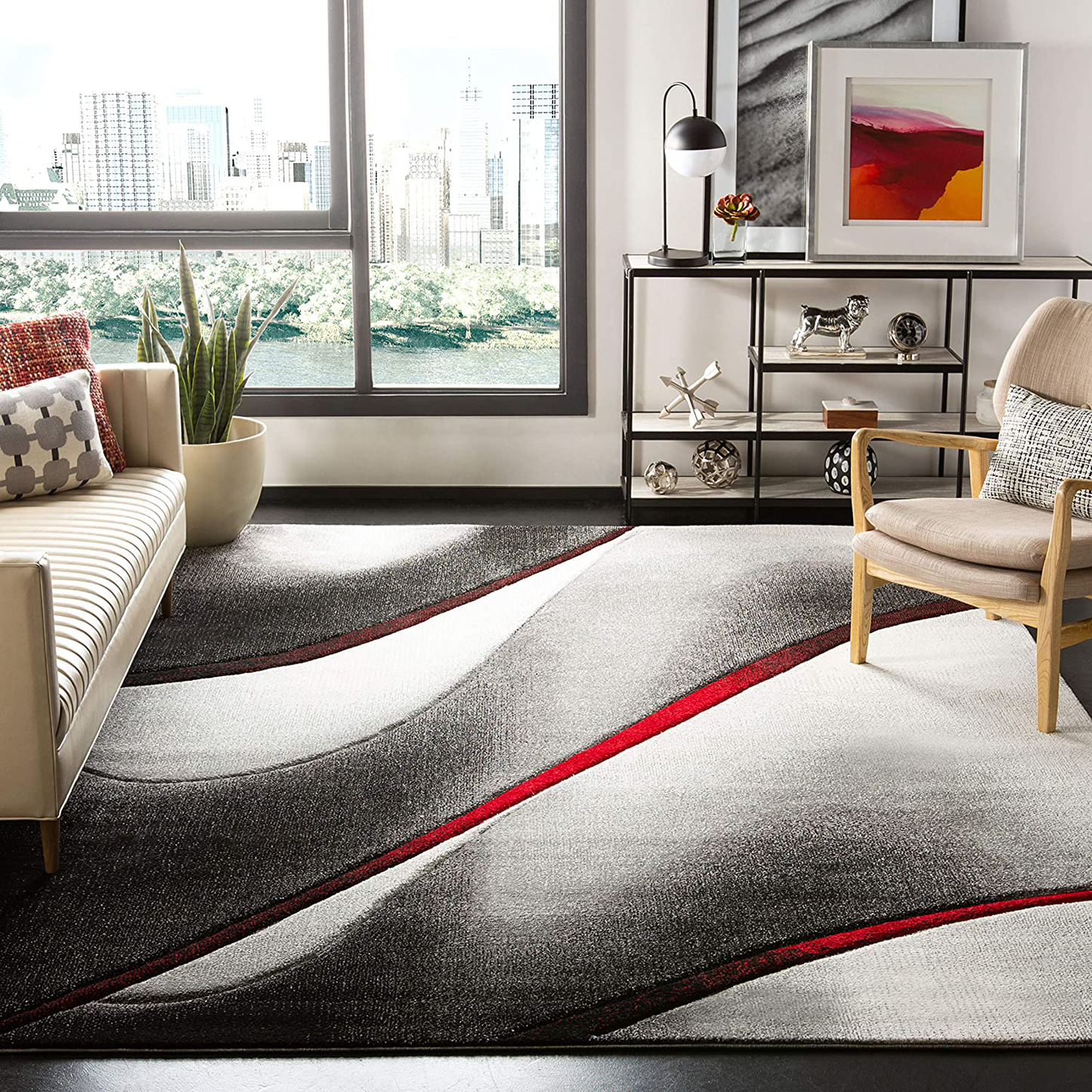 Avelena | Safavieh Hollywood Kollektion Hlw712K Mid-Century Modern Nicht-Shedding Fleckenresistent Wohnraum Schlafzimmer Bereich Teppich, 2'7" X 5', Grau / Rot