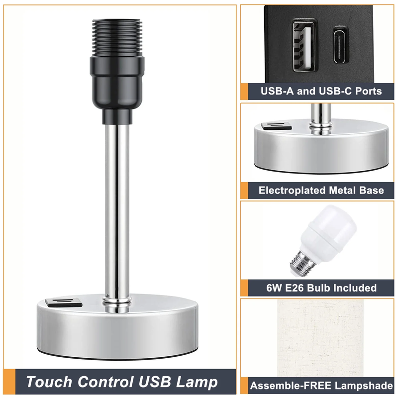 Avelena | 3 Wege Dimmbar Touchlampe, Usb C&A Schnellladeanschlüsse