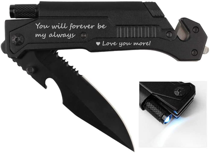 Avelena | Graviertes Jagdmesser, Ich liebe dich mehr, Taschenmesser für Männer mit 6 Funktionen, LED-Licht, Feuerstarter, Flaschenöffner, Gürtelmesser, Glasbrecher, Herren Taschenmesser