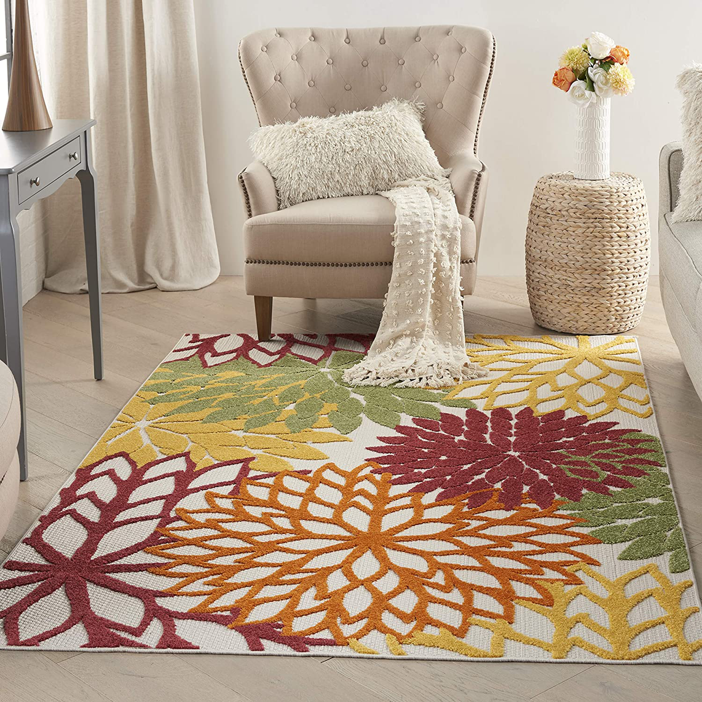 Avelena | Nourison Aloha Innen/Außenbereich Floral Rot Mehrfarbig 2'3" X 8' Bereich Teppich, (8' Läufer)